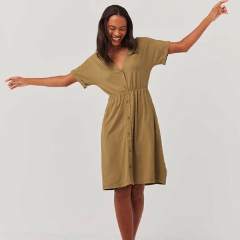 PACT Portside Button Front Dress Organic Cotton Fennel Olive Khaki {RR38}